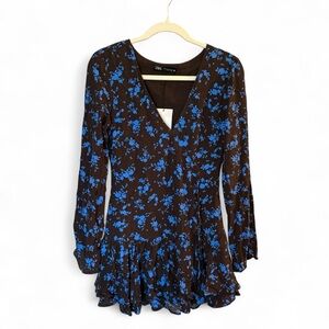 Zara NWT Brown Floral V-Neck Long Sleeve Mini Dress with Blue Print